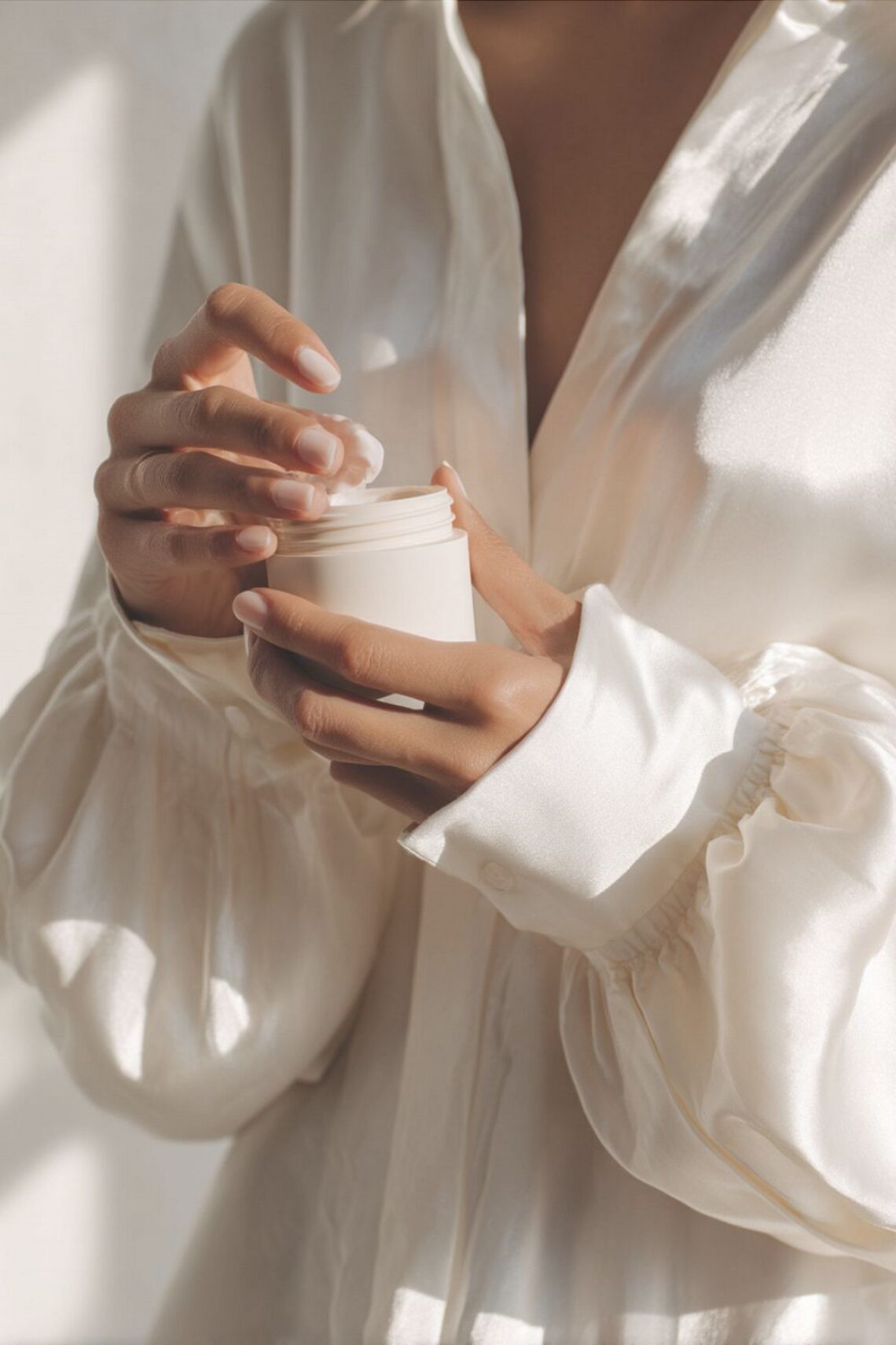 Девушка в красивой белой блузе держит открытую баночку крема в руках